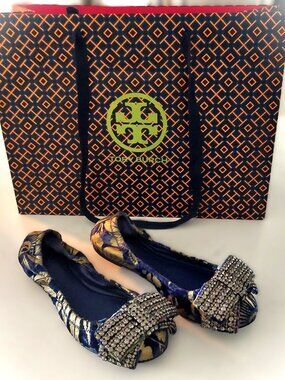 TORY BURCH Viola Rhinestone Bow Ballet Flats Sz 7.5 Gold Leather Velvet Blue